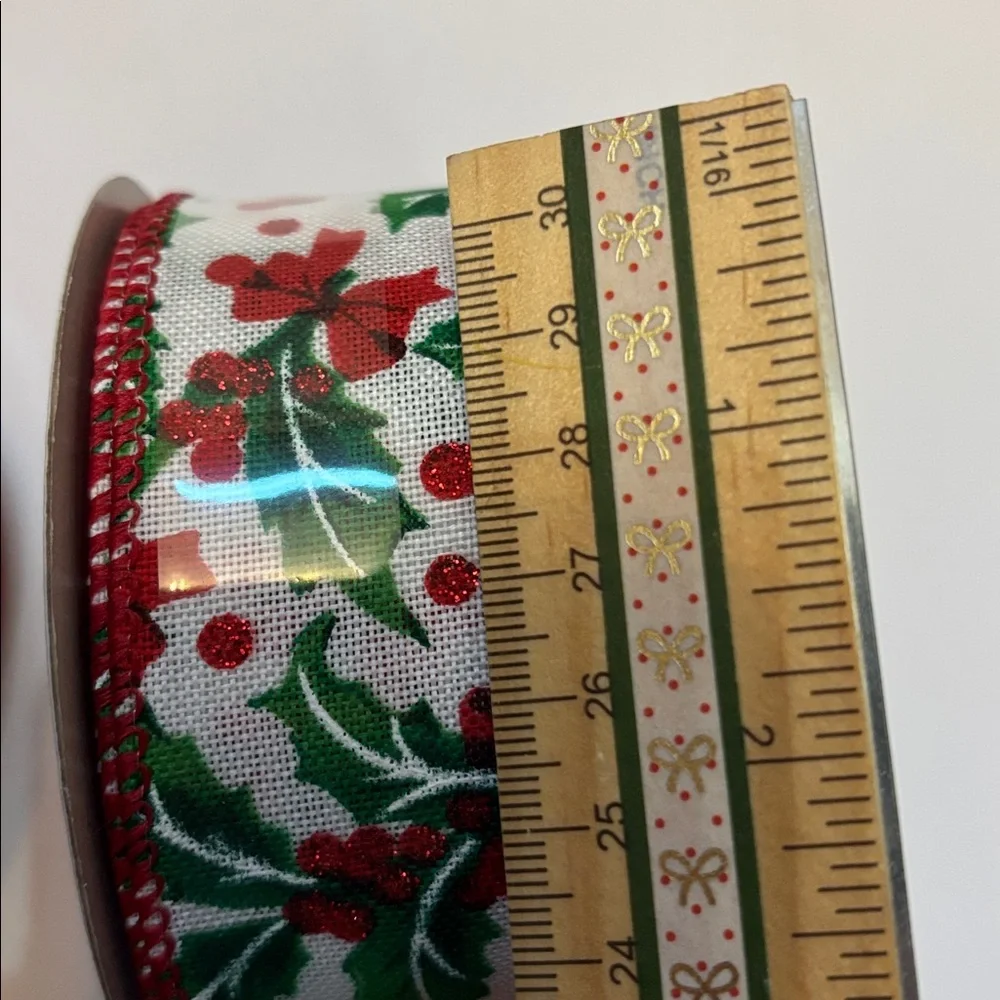 Festive Holly Print Ribbon Red and Green Holiday Ribbon Wired Edge Trad Ribbon